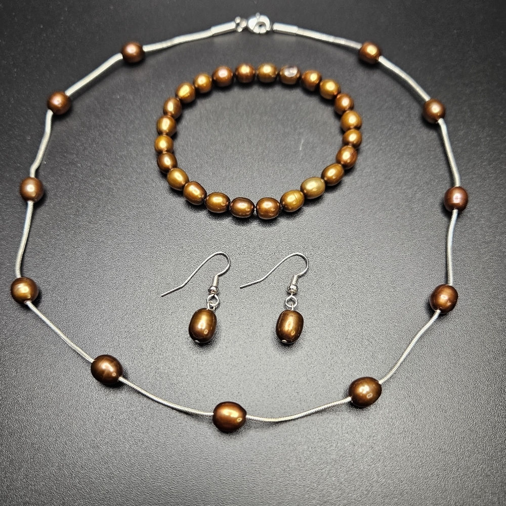 VTG 925 Sterling Liquid Silver Chocolate Freshwater Pearl 3pc Jewelry Set
